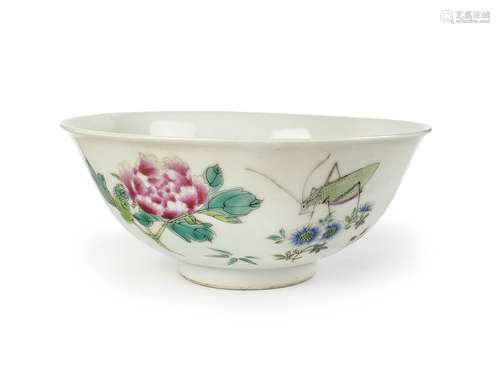 A CHINESE FAMILLE ROSE CRICKET AND FLOWERS BOWL