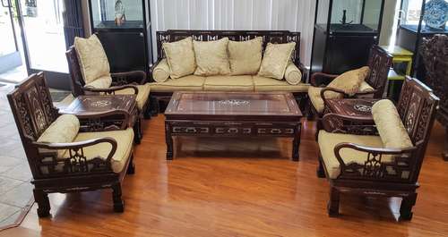 A FINE SET OF EIGHT ROSEWOOD ARMCHARIS AND TABLES