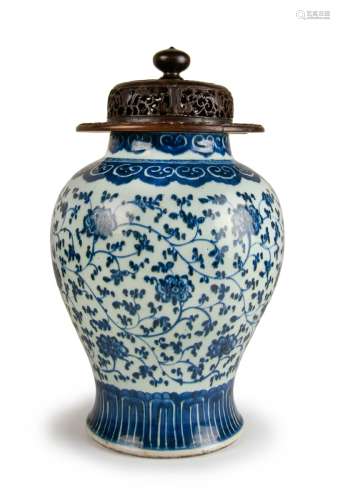 BLUE AND WHITE VASE WITH WOOD LID AND BASE