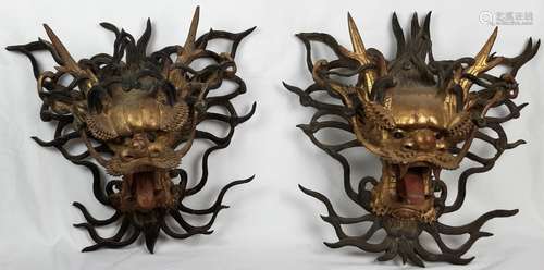 PAIR OF JAPANESE WOOD CARVED DRAGON WALL MOUNTS