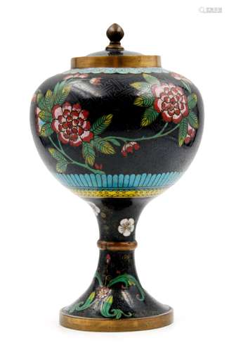 FOOTED BLACK CLOISONNE JAR