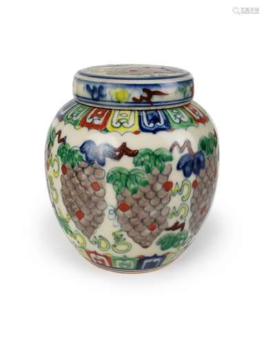 DOUCAI LIDDED JAR WITH GRAPE DECORATION