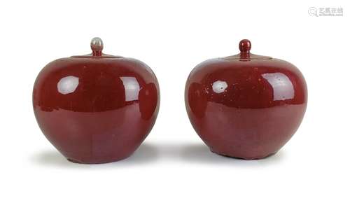 PAIR OF RED GLAZED PORCELAIN COVERED GINGER JARS