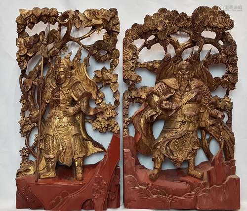 A PAIR OF CHINESE WOOD CARVED WEN WU GOD OF WEALTH