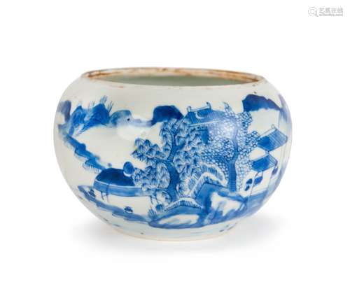 A BLUE AND WHITE GLAZED WATER POT