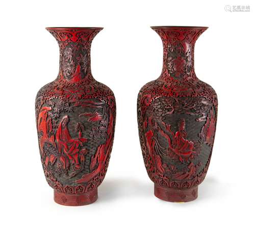 A FINE PAIR OF CARVED CINNABAR LACQUER VASES