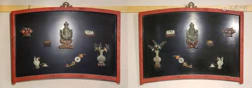 PAIR OF CINNABAR AND CARVED STONE WALL HANGINGS