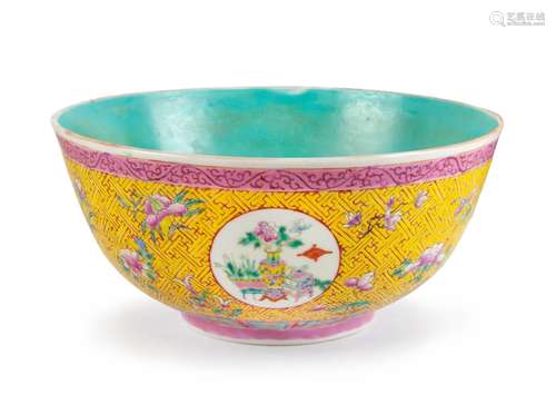 A YELLOW-GROUND FAMILLE ROSE WAN SHOU BOWL