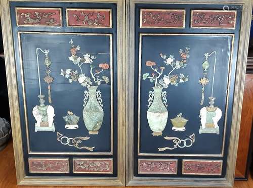 PAIR OF CHINESE INLAID HANGING WOOD PANELS