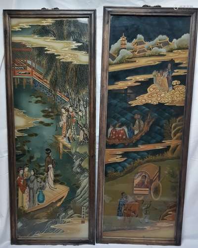 A PAIF OF FINE LARGE REVERSE GLASS PAINTING