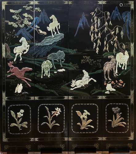 A FOUR-PANEL LACQUER'EIGHT HORSES'HANGING SCREENS