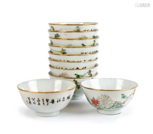 SET OF TEN PORCELAIN CUPS WITH BIRDS AND POEMS