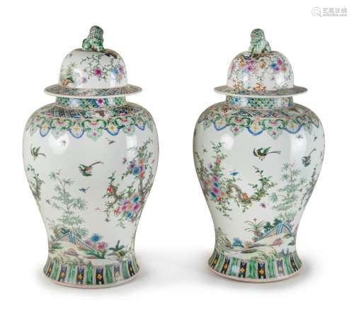A PAIR OF FAMILLE-VERTE BALUSTER JARS WITH COVERS
