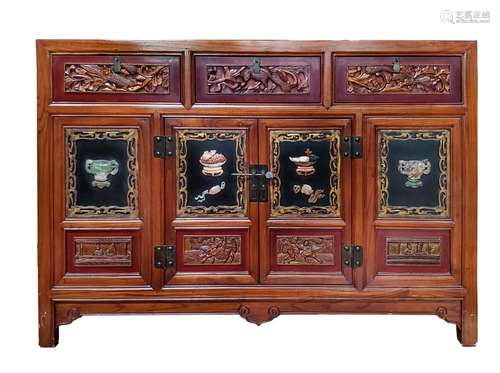 AN HARDWOOD CARVED AND INLAID TABLE CABINET