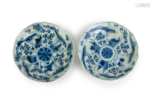 PAIR OF BLUE AND WHITE FLOWER AND FIGURE DISH