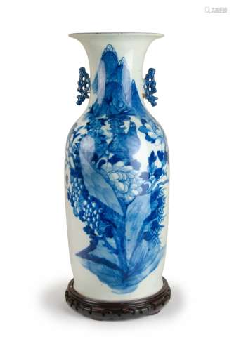 A LARGE BLUE AND WHITE FLOOR VASE BIRD AND FLOWERS