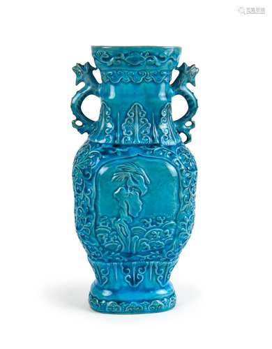 A BLUE-GLAZED CHINESE DRAGON HANDLE VASE