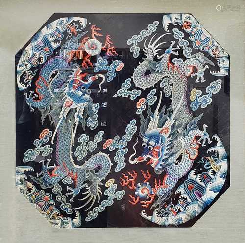 FRAMED CHINESE EMBROIDERY -DOUBLE DRAGONS