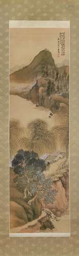 JAPANESE SCROLL PAINT ON PAPER, RIVER VILLAGE PATH