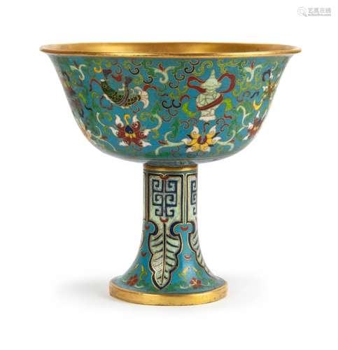 A  CHINESE CLOISONNE HIGH STEM GILDED BOWL