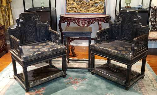 CARVED ZITAN DRAGON CHAIRS AND TABLE