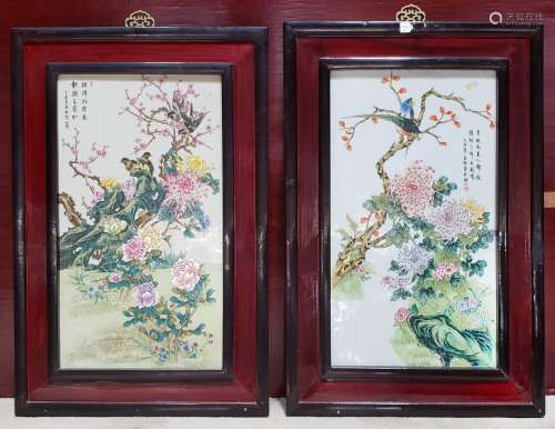 FRAMED PORCELAIN PLAQUES OF BIRDS AND BLOSSOMS