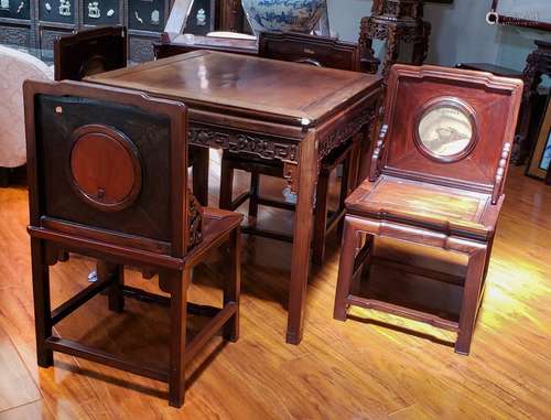 FIVE PIECE CHINESE TABLE AND CHAIRS