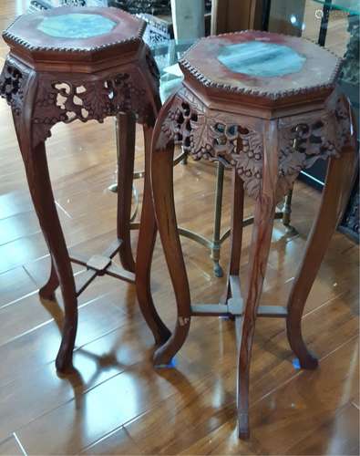 PAIR OF STONE TOPPED WOOD STANDS