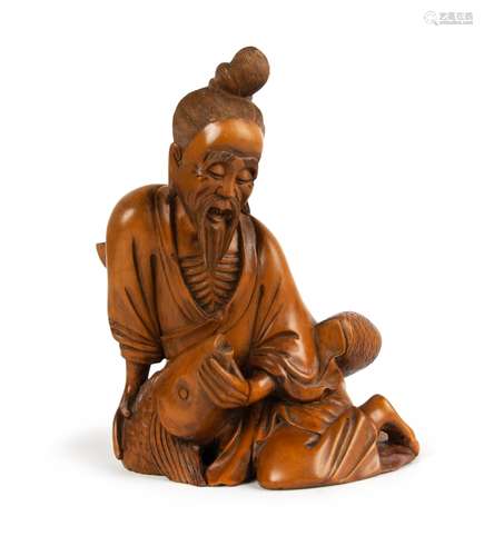 CHINESE BOXWOOD CARVED FISHERMAN