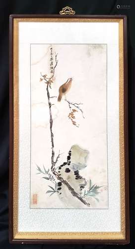 FRAMED PAINT ON PAPER, BIRD ON BRANCH