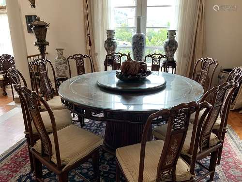 INLAYED DINNING TABLE -TURNTOP AND TEN CHAIRS