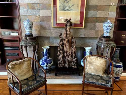 PAIR OF CARVED STONE AND WOOD PLANT STANDS