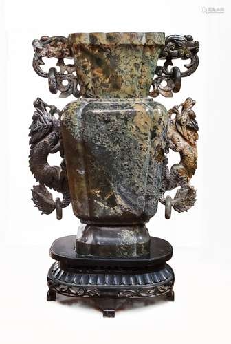 LARGE JADE CARVED DRAGON HANDLE VASE