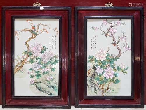 FRAMED PORCELAIN PLAQUES OF BIRDS AND BLOSSOMS