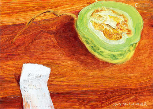 欧阳超英 桌上香瓜·超市小票 纸本油画