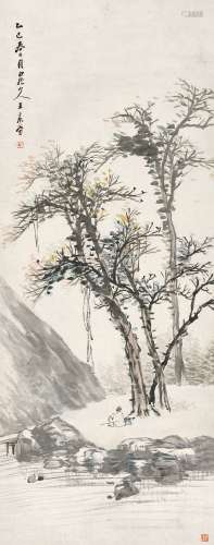 王震(1867-1938) 寒林小憩   乙巳（1905年）作 立轴 设色纸本