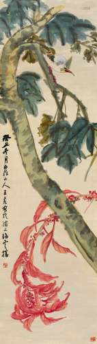 王震(1867-1938) 梧桐白羽   癸丑（1913年）作 立轴 设色绫本