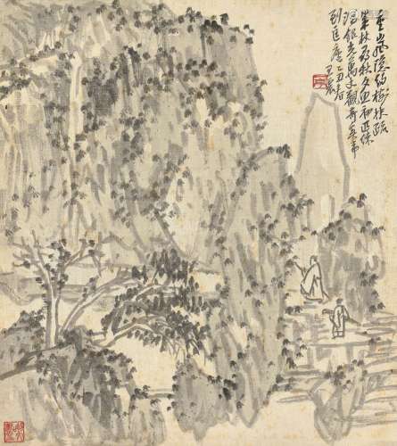 王震(1867-1938) 策杖寻秋   乙丑（1925年）作 镜心 设色绢卡