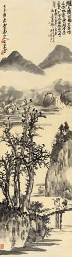 王震画、吴昌硕题 策杖数归鸦   辛酉（1921年）作 立轴 水墨绫本
