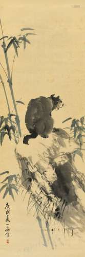 王震(1867-1938) 翠竹狸奴   庚戌（1910年）作 立轴 设色绫本