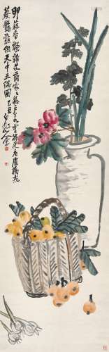 王震(1867-1938) 天中五瑞   乙丑（1925年）作 立轴 设色纸本