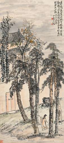 王震(1867-1938) 东坡夜游承天寺   戊辰（1928年）作 立轴 设色纸本