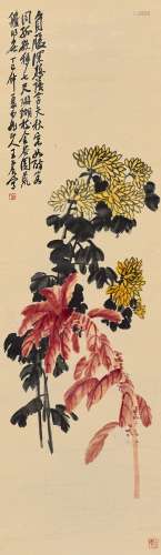 王震(1867-1938) 菊花老少年   丁巳（1917年）作 立轴 设色绫本