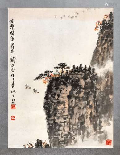 钱松嵒(1899-1985) 江崖帆影    立轴 设色纸本