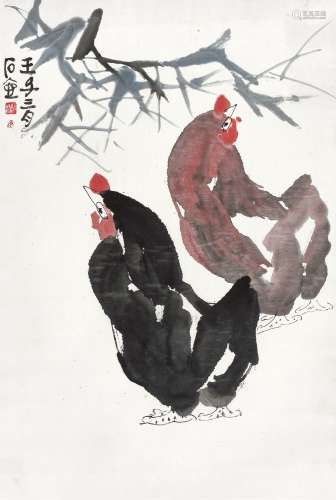 陈子庄(1913-1976) 双吉   壬子（1972年）作 立轴 设色纸本