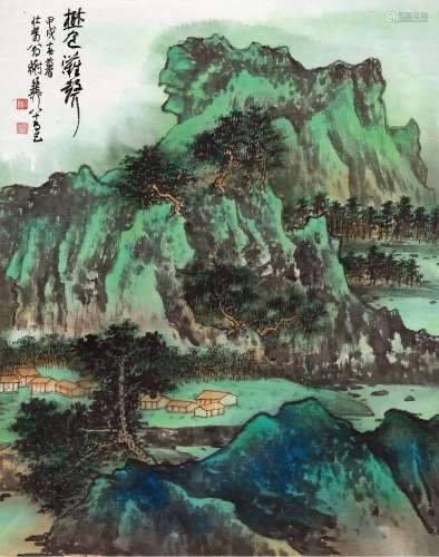 谢稚柳(1910-1997) 树色滩声   甲戌（1994年）作 立轴 设色纸本