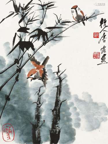 唐云(1910-1993) 竹雀喧声    立轴 设色纸本