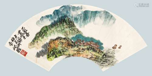 朱屺瞻(1892-1996) 轻舟已过万重山   乙丑（1985年）作 扇面镜心 设色纸本
