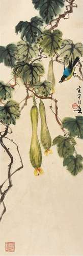 黄幻吾(1906-1985) 丝瓜鸣禽    镜心 设色纸本