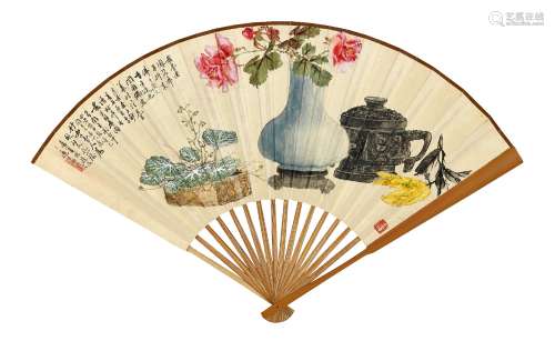 孔小瑜画，蒋文达题 吉金清供 戴春风(1890-1968) 节录《论语》 辛巳（1941年）作 成扇 设色纸本